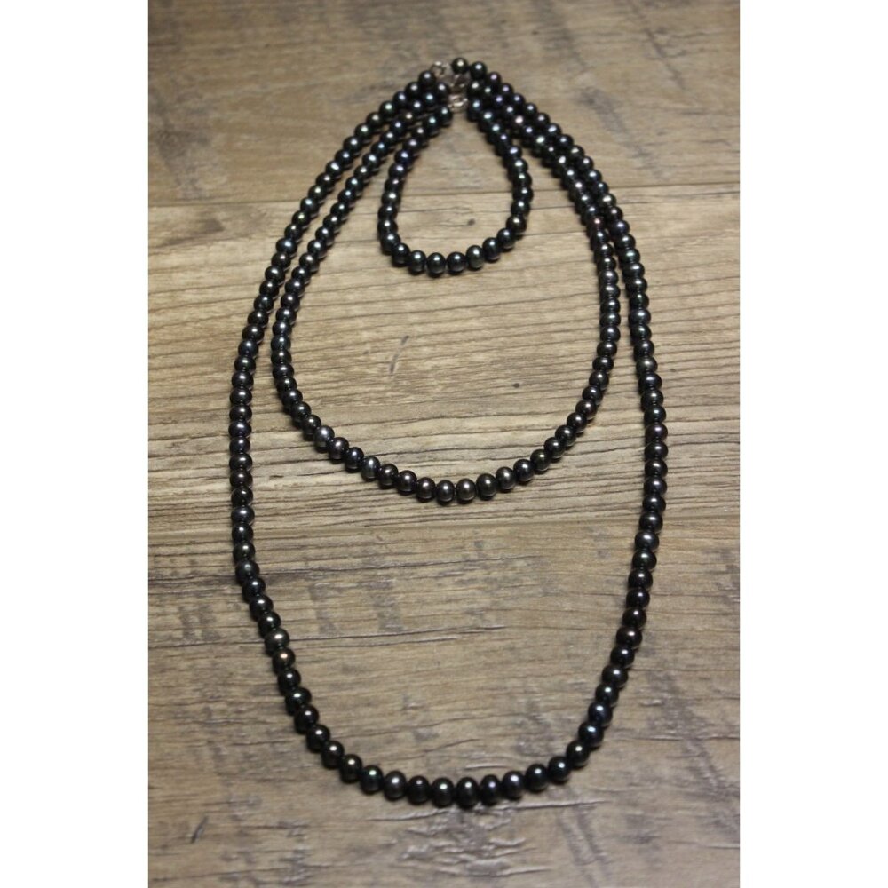 Black pearl necklace chocker bracelet set vintage estate sterling clasp